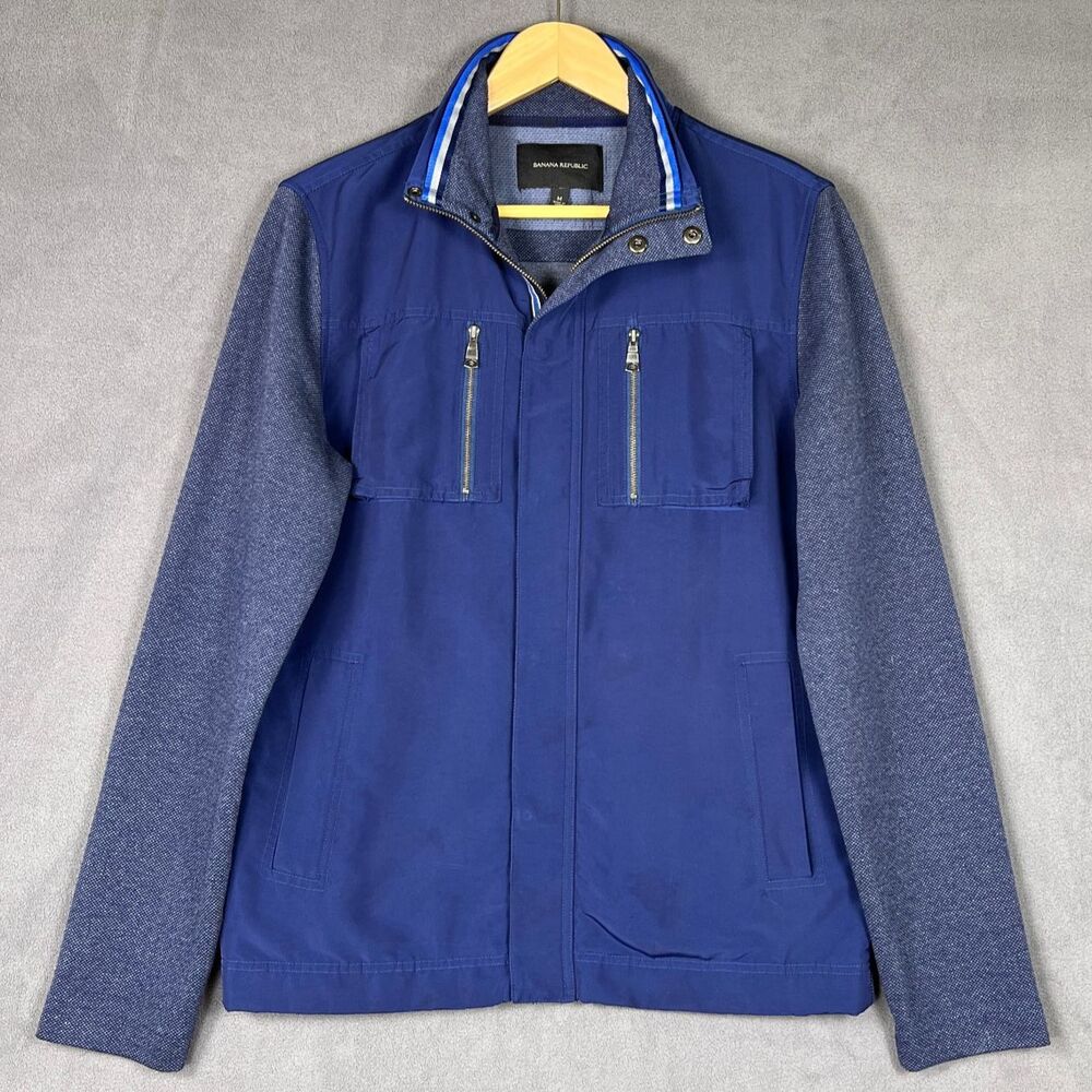 Banana Republic Mixed Media Jacket Mens M Navy Blue Knit Utility Field Zip Top